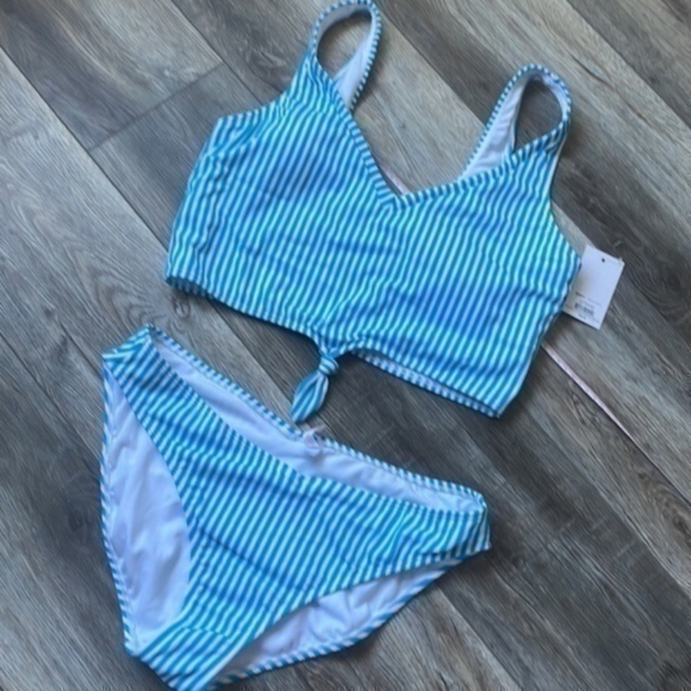 NWT So Swimsuit two-piece size XL aqua and white striped